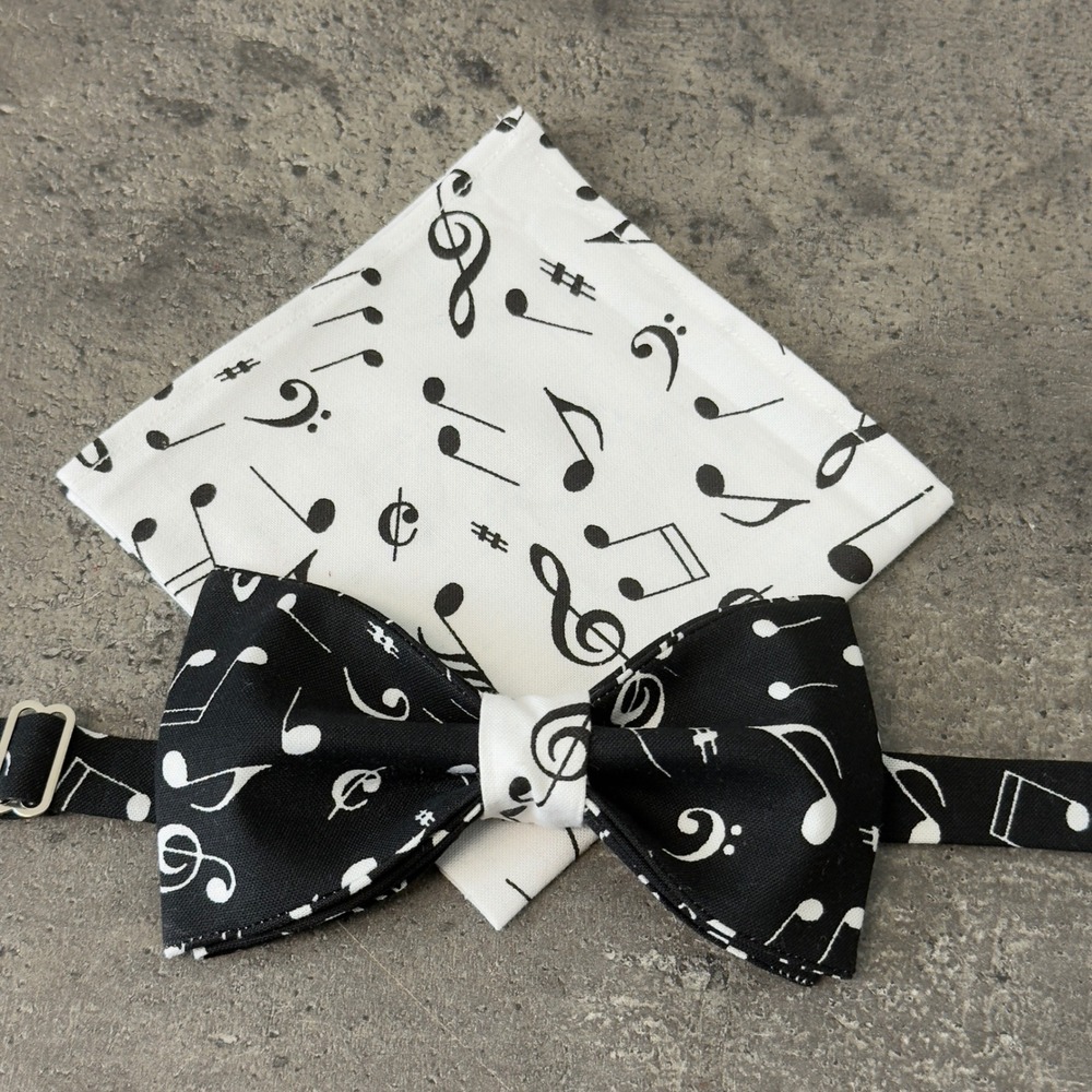 Mens Music Note Bow Tie and Pocket Square Set Black White Treble Clef Formal